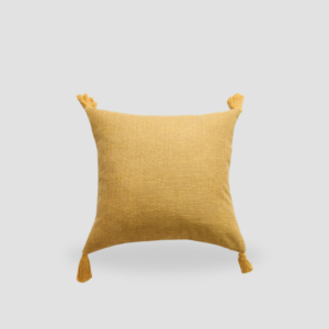 Housse de coussin en lin avec pompons jaune
