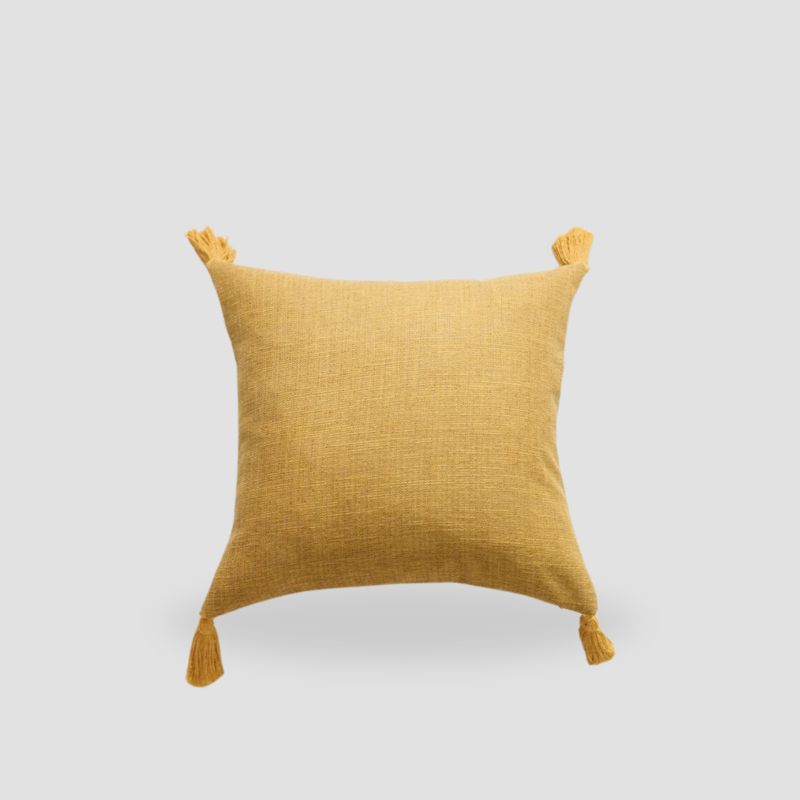 housse de coussin en lin pompons jaune