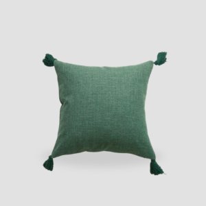 Housse de coussin en lin avec pompons vert
