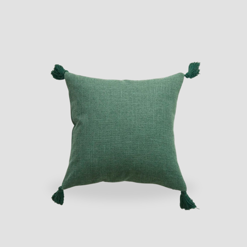 housse de coussin en lin pompons vert